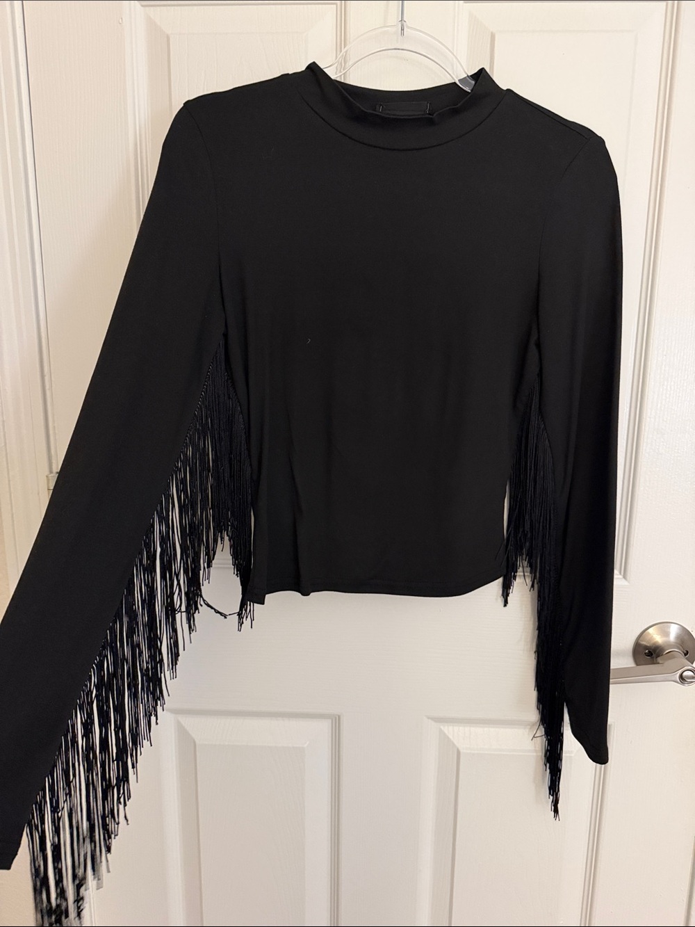 Black Fringe Long-Sleeve Top - Unbranded